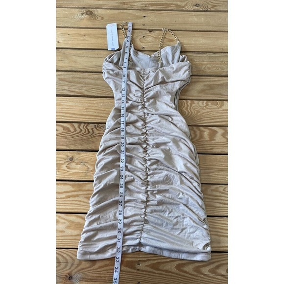 NWT Almost Famous Ruched Mini Dress Size Small Beige Sleeveless Chain Strap - Picture 7 of 9